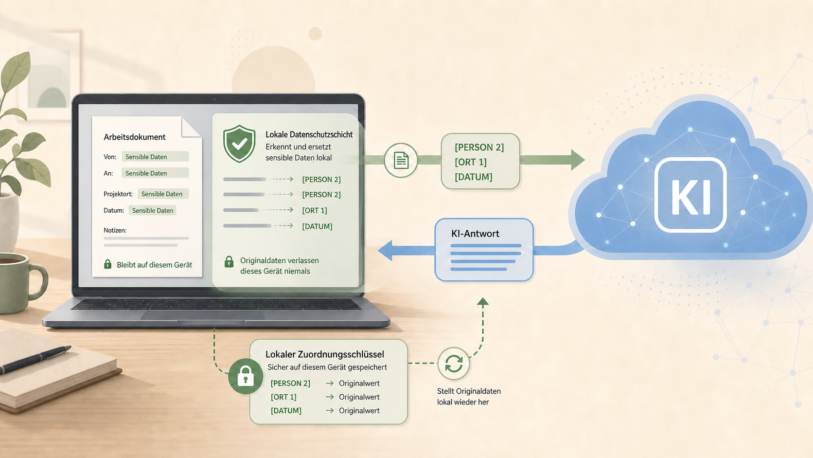 Schematische Darstellung einer lokalen Datenschutzschicht, die sensible Daten vor der Übermittlung an ein KI-Modell maskiert